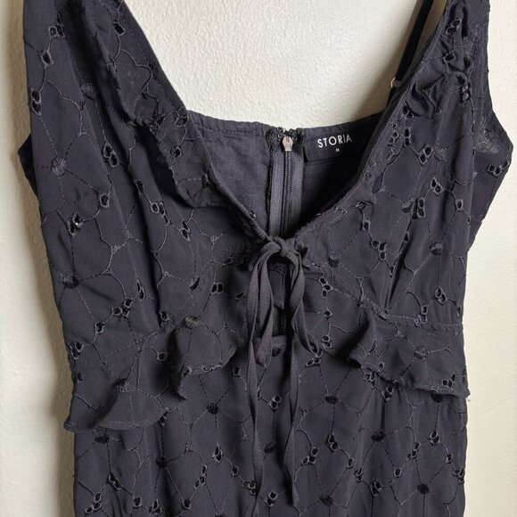 Storia Babydoll Black Dress Lined Sz M Eyelet Spaghetti Strap Cutouts Flirty Y2K - Picture 5 of 13